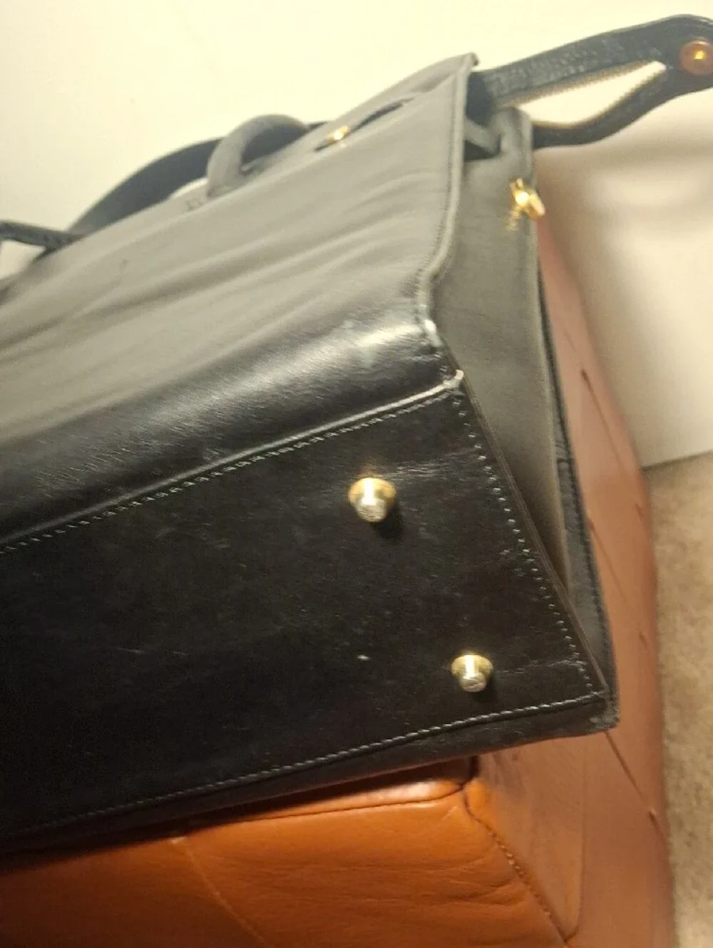 Black Leather Briefcase with Top Handle and Shoulder Strap